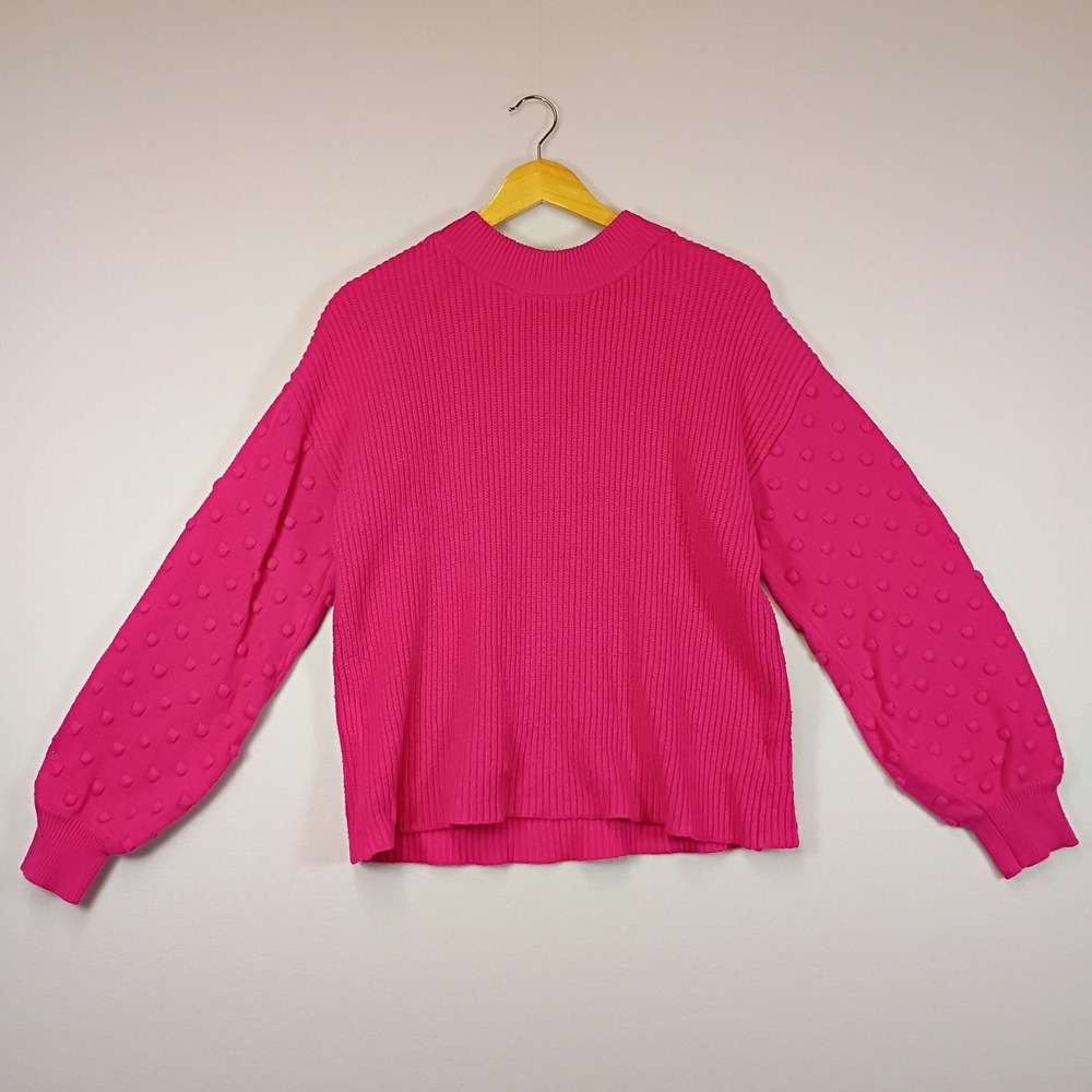 Barbiecore Vince Camuto Womens L Hot Pink Ribbed Bobble Balloon Sleeve Sweater